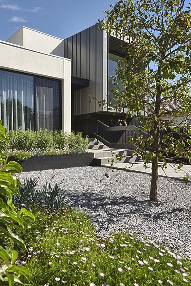 A contemporary residential exterior viewed from a landscaped front garden. The house combines smooth light render with dark vertical metal cladding, large glazed openings, a covered upper-level balcony or entry canopy, and dark timber or metal stairs. Gravel landscaping, raised planting beds, a small tree, and low flowering groundcover occupy the foreground.