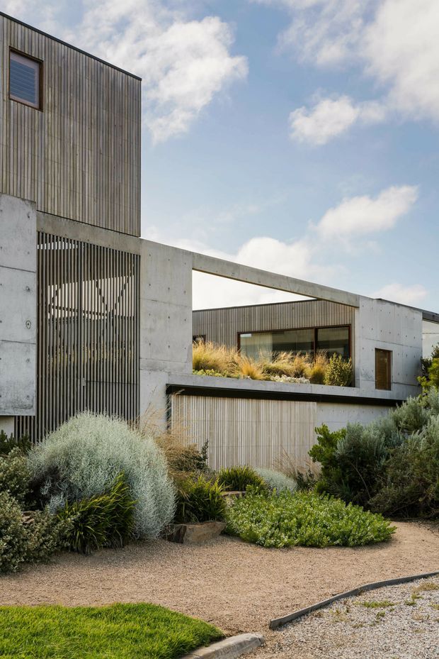 Contemporary multi-level house exterior with a combination of raw concrete walls, vertical timber slatted cladding and expansive glazing. The building is set within a carefully designed drought-tolerant landscape featuring gravel groundcover, sculptural shrubs, grasses and low planting. Strong geometric forms, deep openings and a long horizontal concrete beam define the facade.
