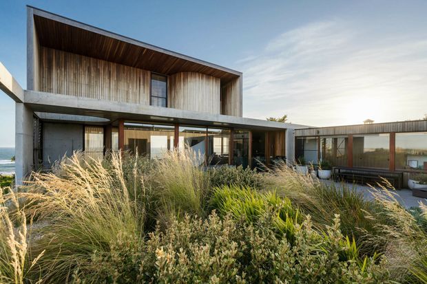 Contemporary two-storey coastal residence with strong horizontal and rectilinear forms, exposed concrete elements, extensive glazing, and vertical timber cladding. The home is surrounded by dense ornamental grasses and coastal planting, with ocean visible beyond the left side. A low connecting wing extends to the right, creating a sheltered outdoor courtyard-like setting.