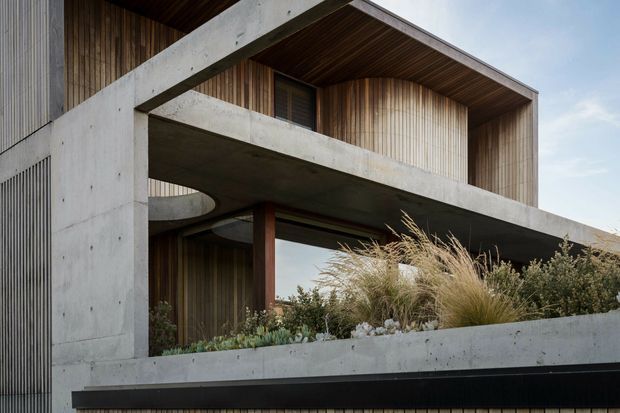 Contemporary multi-level residential facade featuring a bold exposed concrete frame, recessed balconies, vertical timber cladding, dark timber soffits, and integrated planter beds with ornamental grasses. The composition emphasizes strong geometric lines and a warm natural-material contrast.