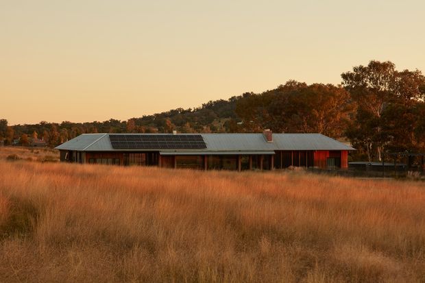 A long, low single-storey building set within a broad field of tall golden grass, photographed in warm late-afternoon light. The structure has a simple pitched metal roof with a prominent array of solar panels, extensive dark glazing or timber-framed openings along the front, and a red-toned entry or feature wall. Native woodland surrounds the site, giving the image a quiet rural character.