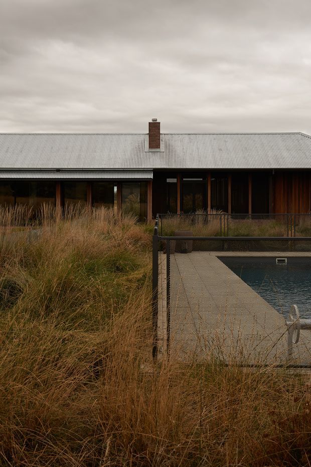 Exterior view of a low, single-storey dwelling set behind tall ornamental grasses. The building has a broad corrugated metal pitched roof, a central brick chimney, dark timber-framed glazing and vertical timber cladding. A fenced swimming pool and pale paved pool deck occupy the foreground, creating a restrained, natural architectural setting beneath an overcast sky.