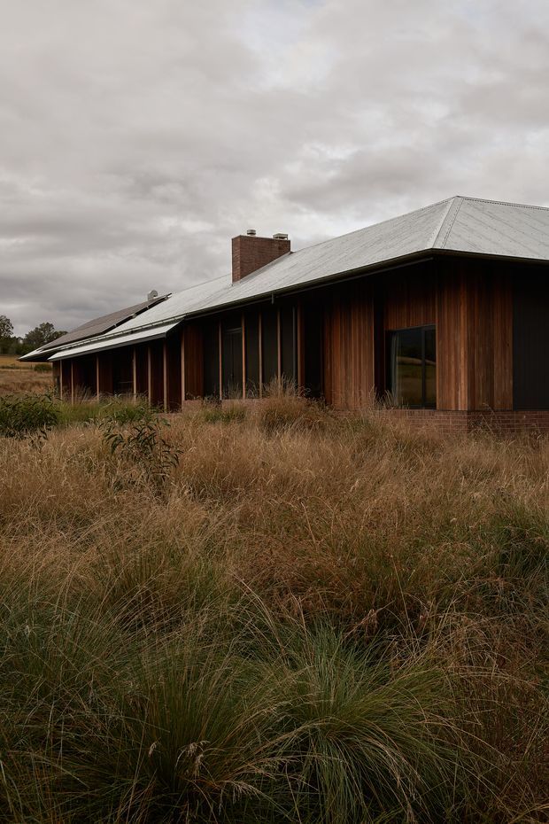 Exterior view of a low-profile rural house set among tall native grasses. The building has dark vertical timber cladding, a broad corrugated metal hipped roof, brick chimney, deep eaves, and large dark-framed glazed openings. The muted overcast light and natural grassland setting create a restrained, earthy presentation.