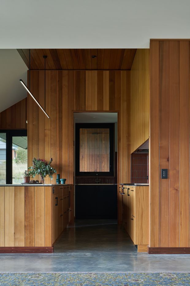 A compact, warmly detailed timber-lined interior passage or kitchen area. Vertical and horizontal dark wood wall panelling and cabinetry frame a central doorway, with a black-framed glazed or reflective opening beyond. Built-in wood storage and counters sit on both sides, alongside a large window, potted plant, slim pendant light, and dark polished flooring. The space has a strong mid-century-inspired, rich timber character with contrasting black details.