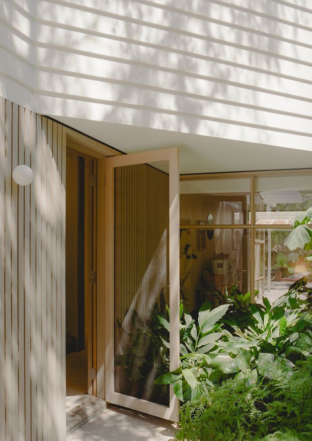A sunlit residential entry viewed from outside, with a partially open timber-framed glazed door leading into a warm timber-lined interior. Vertical timber wall cladding, expansive glazing, a deep projecting roof or canopy with linear underside detailing, and dense tropical-style planting frame the entrance. Dappled sunlight creates strong organic shadows across the white canopy and facade.