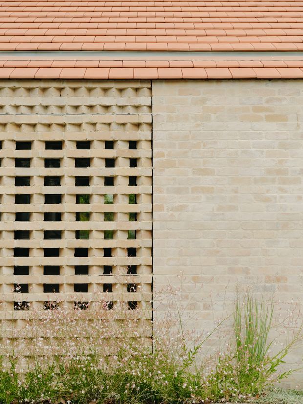 Close-up exterior view of a low-rise building facade featuring a warm terracotta tiled roof, pale cream brickwork, and a distinctive perforated breeze-block brick screen. Soft meadow planting grows along the base, adding an organic texture to the architectural composition.