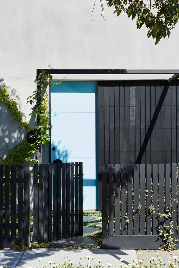 A modern residential entry viewed from the street, featuring a black vertical-slat fence and matching gate, a pale blue entry door, dark timber or metal screening, a simple flat canopy, and climbing greenery against a light rendered wall. Strong sunlight creates crisp shadows across the facade and paving.