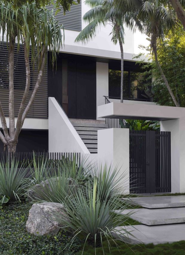 Contemporary multi-level residential facade with crisp white rendered walls, dark vertical and horizontal screening, a black entrance gate, and an external staircase leading to an elevated entry. A projecting upper terrace or carport-like slab frames the entry, while tropical palms, spiky ornamental planting, rocks, and layered concrete paving create a lush landscaped foreground.