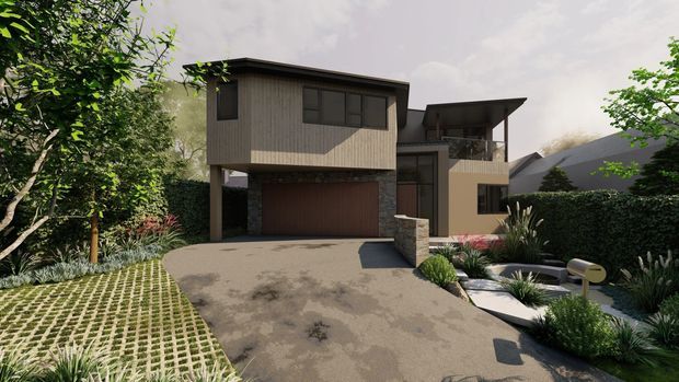 Contemporary two-storey residential house viewed from the front, with a dark standing-seam or flat roof profile, vertically clad upper level, recessed double garage, balcony, and a landscaped driveway. The garden includes structured planting, hedges, stone edging, and permeable grid paving.