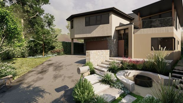 A contemporary multi-level residence viewed from the landscaped driveway, featuring a projecting upper-floor volume, dark-framed windows, vertical textured cladding, stone wall finishes, a covered entry, balcony glazing, and a sculptural landscaped garden with concrete paths and a circular sunken feature.