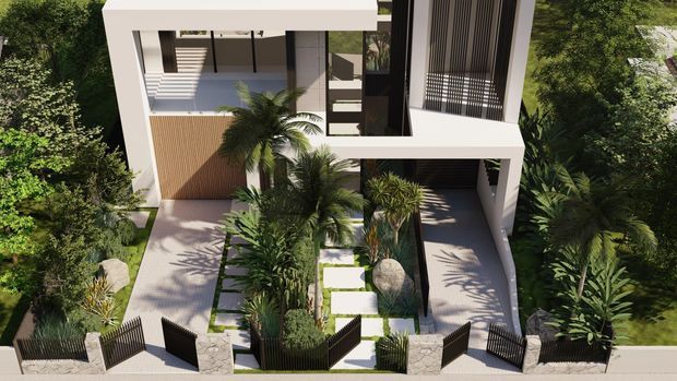 A rendered aerial view of a contemporary multi-level residence set within dense tropical landscaping. The home has crisp white geometric volumes, extensive glazing, dark vertical screening, a warm timber garage or entry door, paved paths, a central landscaped courtyard, and a covered carport or driveway area.