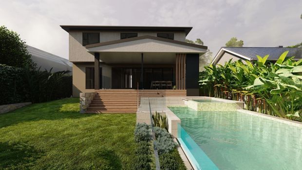Exterior architectural rendering of a contemporary two-storey house with a broad low-pitched roof, timber-clad upper level, shaded covered veranda, dark-framed glazing, landscaped garden and a long rectangular swimming pool in the foreground.