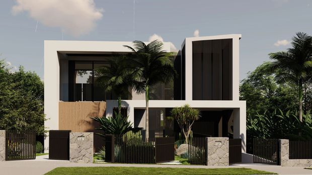 Front exterior perspective of a contemporary two-storey residence with strong rectilinear volumes, white rendered walls, dark vertical screening, timber-toned cladding, stone boundary pillars, gated entries, and lush tropical landscaping including palm trees.