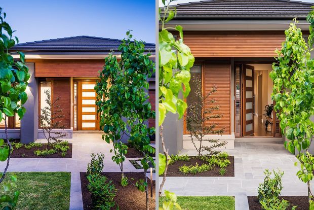 A split-view exterior photograph of a contemporary single-storey home entry. The facade combines warm horizontal timber cladding and screening, dark grey tiled roofing, pale rendered walls, and a timber front door with horizontal glass panels. A paved path, structured garden beds, young trees, and lawn frame the entrance.