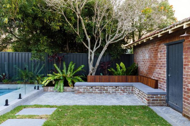A landscaped courtyard garden beside a red-brick building, featuring a small pool at left, dark vertical-panel fencing, raised brick and timber planter seating, tropical foliage, a mature tree, grey herringbone paving, and lawn stepping stones. The scene has a contemporary outdoor entertaining and relaxation design.
