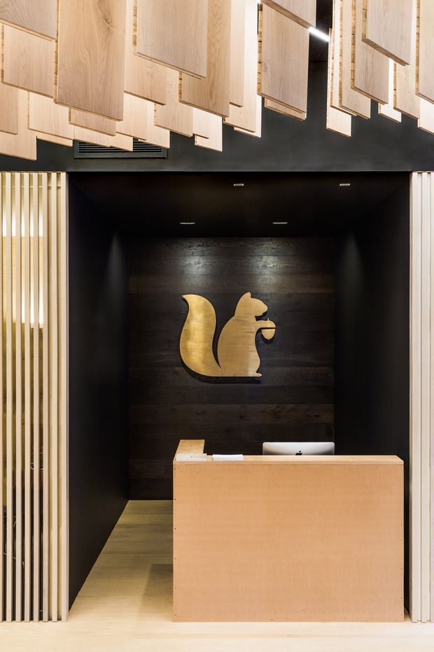 A contemporary reception area with a minimalist timber reception desk set within a deep black alcove. The back wall is clad in dark timber boards and features a prominent gold animal-shaped logo, while light timber vertical slats flank the alcove. Suspended geometric light-wood panels create a distinctive ceiling feature above the desk.