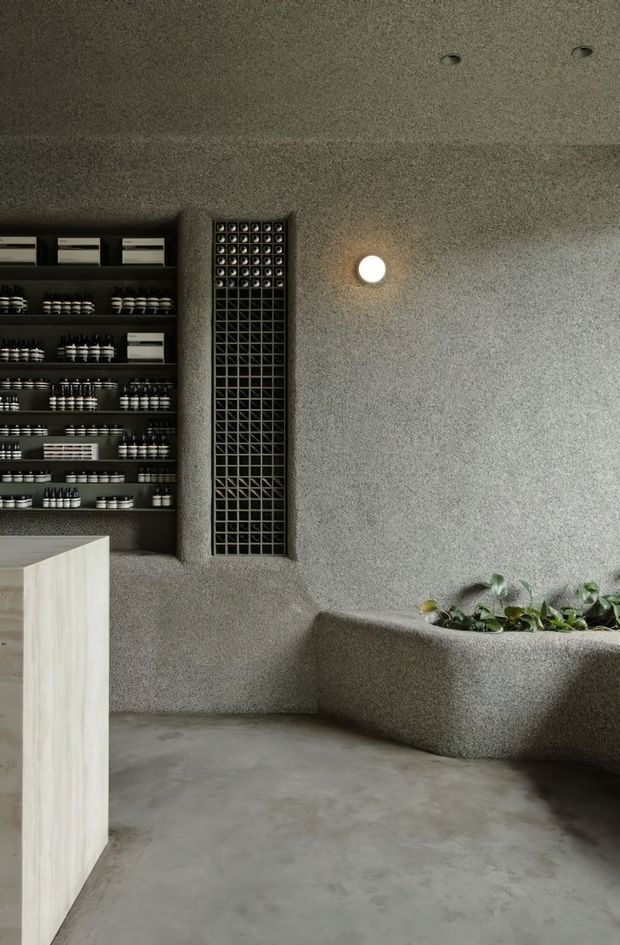 A minimalist commercial interior with rough grey concrete or plaster walls, a polished concrete floor, dark built-in shelving stocked with small products, a pale timber counter, an inset black metal grille, and a sculptural curved built-in planter containing greenery. A recessed round wall light provides a subtle focal point.
