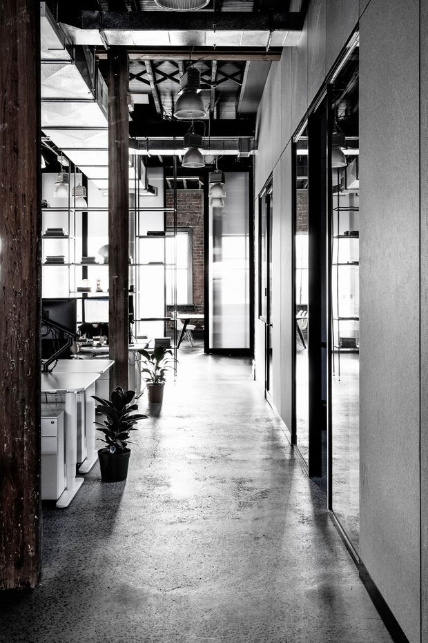 A monochrome photograph of an industrial-style commercial office interior viewed along a long corridor. The space features a polished concrete floor, exposed dark timber posts, exposed ceiling services and ductwork, suspended metal pendant lights, black-framed glass meeting-room partitions, open shelving, desks, and potted plants. Strong reflections in the glazing add depth, while bright linear glazing on the left contrasts with the darker ceiling and structural elements.