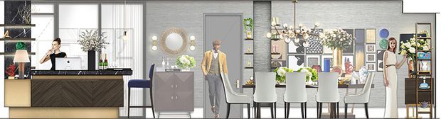 Wide illustrated interior elevation showing an open-plan contemporary kitchen, dining area and living/display joinery. The kitchen has dark timber cabinetry, a black benchtop, open shelving and a breakfast bar; the dining zone includes a round table with upholstered chairs, pendant lighting and decorative shelving. Large windows and pale grey wall finishes create a bright, refined interior.