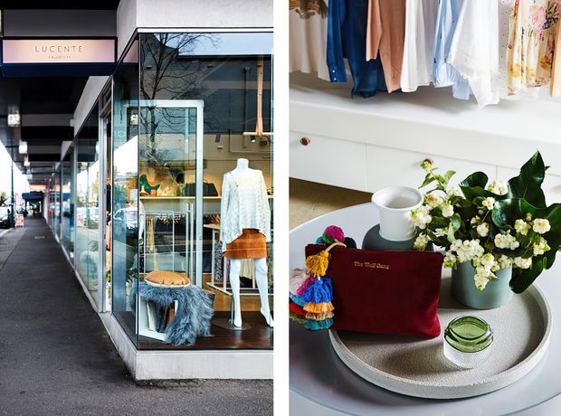 Split image showing a fashion boutique exterior with glass display windows and mannequins on a covered urban walkway, alongside an interior retail display featuring hanging garments, a decorative tray, accessories, and floral styling.
