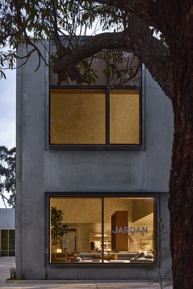 Exterior view of a narrow two-storey modern concrete building partially framed by a large tree. The facade features large dark-framed windows, with warm amber-toned glazing or interior lighting and a visible contemporary living space on the ground floor. The composition has a moody architectural-photography aesthetic, contrasting raw concrete, black window frames, warm interior illumination, and surrounding vegetation.
