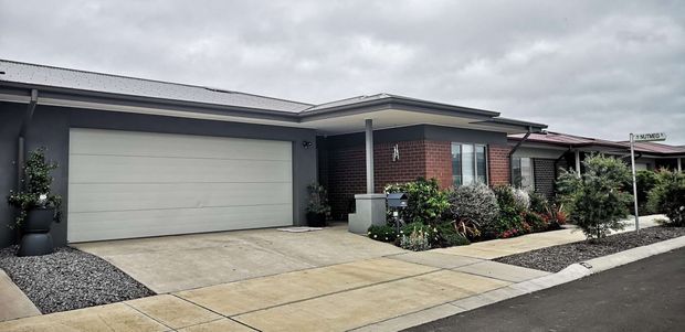 Street-facing view of a contemporary single-storey residence in a compact townhouse-style development. The home has a dark rendered facade, red brick entry feature, low-pitched metal roof, wide sectional garage door, concrete driveway and paved pedestrian path, with landscaped garden beds and shrubs along the frontage.