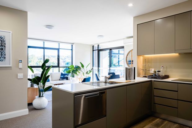 Bright open-plan contemporary kitchen with a large central island, integrated stainless-steel dishwasher and sink, dark taupe cabinetry, pale stone benchtops, and warm under-cabinet lighting. The kitchen opens to a light-filled living area with large black-framed windows and abundant indoor plants.