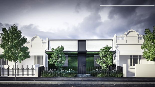 Street-facing architectural rendering of a contemporary single-storey residence or townhouse frontage, with a dark central entry volume and lush planted screening between two white heritage-inspired neighboring facades. The composition includes a black metal pedestrian fence, narrow landscaped strip, paved footpath and roadway, under a dramatic cloudy sky.