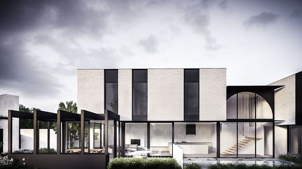 Contemporary multi-level residential facade featuring pale brick walls, tall dark vertical window screens, extensive floor-to-ceiling glazing, and a black steel colonnade framing the front garden. A dramatic circular void with a curved stair is visible on the right, beneath a moody overcast sky.