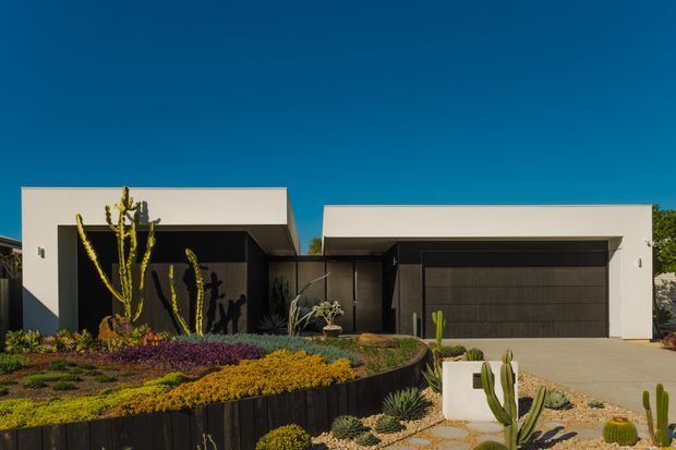 Street-facing exterior of a low, modern single-storey residence with crisp white rendered rectangular volumes, dark recessed entry and central glazed connection, and a broad dark garage door. The front garden uses sculptural desert planting, succulents, gravel and layered groundcovers contained by dark retaining edges. Clear blue sky and strong sunlight create a high-contrast contemporary desert setting.