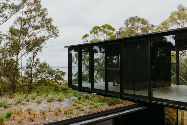 A contemporary single-storey pavilion-like building set within a natural landscaped site. The dark glazed structure features extensive floor-to-ceiling black-framed glazing, a flat roof, and a projecting cantilevered volume. Trees and low planting surround the building, with a faint body of water visible beyond.