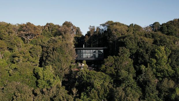 A small, dark contemporary house or pavilion is partially concealed within dense native woodland. The elevated-looking structure has extensive floor-to-ceiling glazing, a slim dark roofline, and a compact rectilinear form, viewed from a distance against a clear sky.