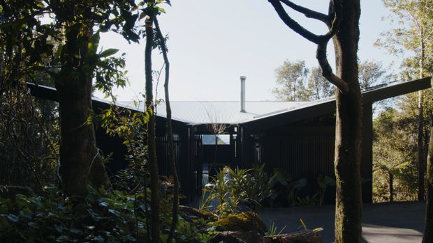 Exterior view of a low-profile dark-clad house nestled among mature trees and dense landscaping. The building has a sharply angled roofline, corrugated metal roofing, a central chimney or flue, dark vertical cladding, and a sheltered entry or carport-like opening. The natural bush setting and concealed architectural form create a subdued, integrated appearance.