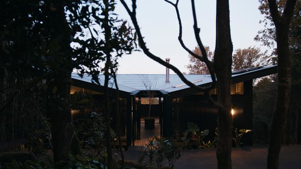 A dark, low-profile contemporary house nestled among mature trees and dense planting. The facade features dark vertical screening, warm recessed lighting, broad roof planes, and a central recessed entry or courtyard connection. The image is an exterior architectural view with a moody woodland setting.