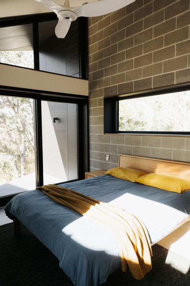 A bright, double-height bedroom with a low timber bed and yellow pillows, set against an exposed grey concrete-block feature wall. Black-framed floor-to-ceiling glazing and a narrow horizontal window bring in strong natural light and views of trees. A white ceiling fan hangs overhead, and a dark carpet covers the floor.