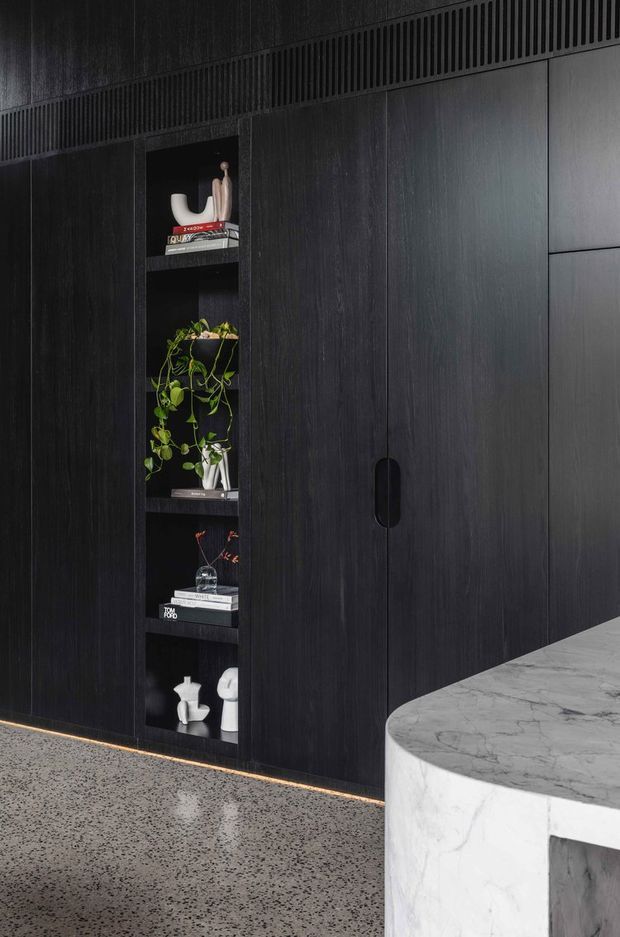A dark, highly detailed contemporary built-in joinery wall with full-height black timber cabinetry, integrated open display niches, and concealed handles. The niches contain books and decorative objects with trailing greenery. A curved white marble island or benchtop occupies the foreground, contrasting with the dark cabinetry. The floor is polished grey terrazzo, and a slim warm LED strip runs along the base of the joinery.
