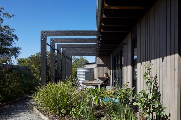 Exterior view of a contemporary single-storey building with dark vertical timber cladding, a long covered veranda, and a repeating timber pergola structure. The veranda overlooks a planted garden path and includes a small outdoor dining or work setting. Strong sunlight, native-style planting, and clean rectilinear detailing create a calm, natural architectural composition.
