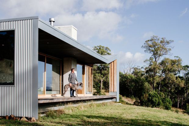 Exterior view of a compact contemporary single-storey house set in a wooded, sloping landscape. The building has a broad low-pitched roof, extensive timber-framed glazing, a raised deck, and a corrugated metal-clad side volume with vertical ribbing. A person and dog stand on the covered deck, while mature trees surround the site.