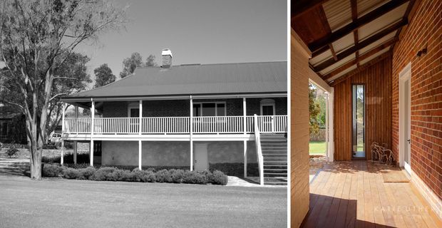 Split-image view of a traditional elevated veranda-style house. The left panel shows a monochrome exterior with a broad corrugated pitched roof, raised timber veranda, white balustrades, stairs, brick or masonry lower level, and established trees. The right panel shows a covered timber-deck entry/veranda with exposed timber roof structure, warm timber wall cladding, red brick walls, and a tall glazed door.
