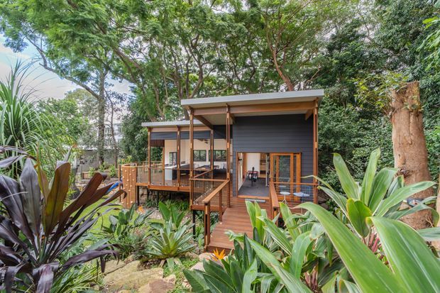 Exterior view of a compact elevated timber-clad dwelling or cabin nestled among dense tropical and subtropical vegetation. The structure features dark horizontal cladding, warm timber decks and stairs, large glazed openings, and shallow low-pitched roof planes. A covered upper-level deck and raised construction are prominent, with lush planting surrounding the building.