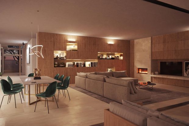 Open-plan contemporary living and dining area with extensive warm timber built-in cabinetry, integrated display shelving, a large sectional sofa, dining table with green upholstered chairs, a linear fireplace, and a dark inset television wall. The room has soft ambient lighting, a neutral beige and brown palette, and a refined, cozy atmosphere.