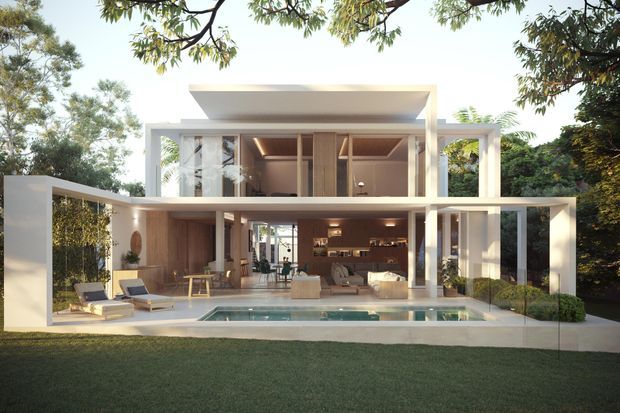 A contemporary two-storey residence with a highly open, rectilinear composition, extensive floor-to-ceiling glazing, white structural framing, and a projecting flat roof. The ground floor opens onto a pool terrace with lounge furniture, while warm timber-lined interiors and an upper-level bedroom or living area are visible through the glazing. The home is set within landscaped greenery.