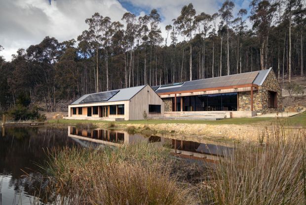 Exterior view of a contemporary rural residence beside a reflective pond, set within a eucalyptus woodland. The low-slung composition combines a light timber-clad gabled wing with a larger stone-and-timber pavilion, extensive glazing, metal pitched roofs, and visible roof-mounted solar panels. Native grasses and a gently sloping rocky site reinforce the secluded bush setting.