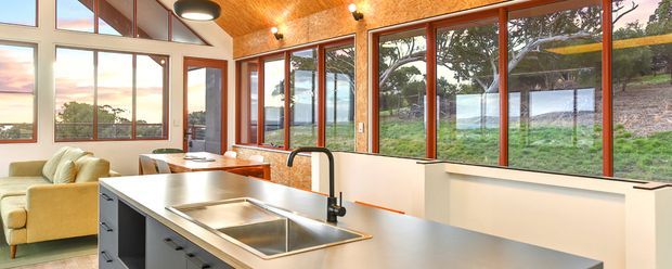 A bright, open-plan kitchen viewed from the island, with a large stainless-steel sink and dark cabinetry beneath a broad grey benchtop. Warm timber lining covers the sloped ceiling, while extensive timber-framed glazing and a glazed door overlook a landscaped outdoor setting and distant water or sky. A pale sofa is visible in the adjoining living area.