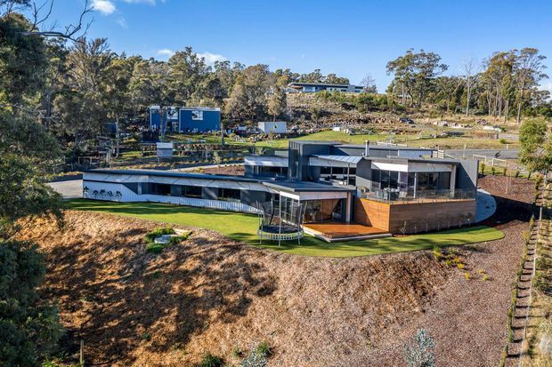 Aerial view of a contemporary multi-level residential property set into a wooded, sloping site. The home has a low-profile, angular form with dark grey cladding, extensive glazing, warm timber-panelled sections, flat roofs and terraces. Landscaped lawns, retaining walls and neighbouring structures are visible within the bush setting.