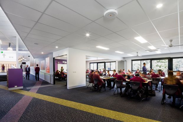 A bright contemporary commercial interior showing an open-plan communal dining or break-out area beside a corridor. Numerous people sit at tables with red chairs near large black-framed windows, while the adjacent circulation zone has patterned carpet, a yellow wayfinding stripe, purple partitions, glass meeting-room walls, recessed lighting, and a suspended grid ceiling.