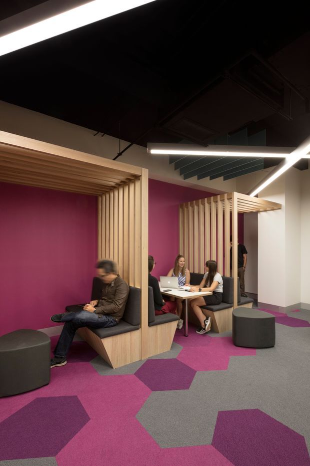 A contemporary commercial collaborative workspace with timber privacy booths, integrated bench seating, bright magenta feature walls, and a geometric magenta, purple, and grey carpet. Linear LED lighting runs across a dark exposed ceiling, while several people work at shared tables with laptops.
