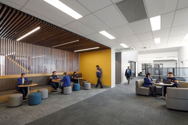 Open-plan commercial workplace lounge with collaborative seating areas, booth-style upholstered benches, small round ottomans, laptops, and employees working or conversing. A striking mustard-yellow feature wall is paired with a timber slatted ceiling and vertical timber screen, while the remainder of the fit-out uses white ceiling tiles, glazed partitions, grey carpet, and grey upholstered furniture. Bright linear lighting and extensive glazing create a contemporary office environment.