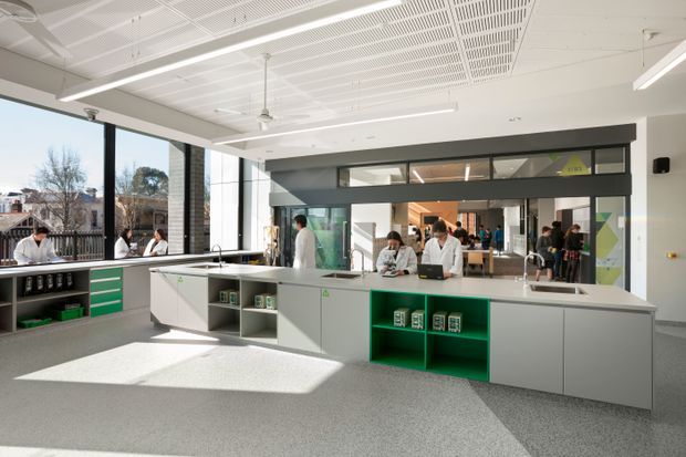 Bright contemporary commercial interior resembling a school science laboratory or teaching space, with long white and grey laboratory benches, integrated green open shelving and cabinetry, large windows, exposed services, linear LED lighting, and a perforated acoustic ceiling. People are working at benches and gathering in an adjoining area.