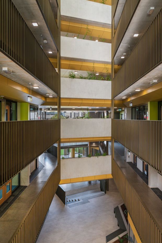 A tall multi-level interior atrium or circulation hall with repeated open walkways, concrete structural surfaces, vertical dark timber or metal slatted balustrades, and bright mustard-yellow soffit bands. Indoor plants appear along the atrium edges, with stairs and corridors visible below. The space has a strong institutional or commercial character and a dramatic vertical void.